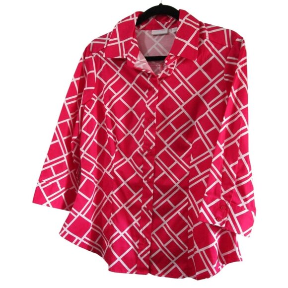 NY&C Womens Large Fuchsia White Geometric Button-Up Shirt New - Picture 1 of 16